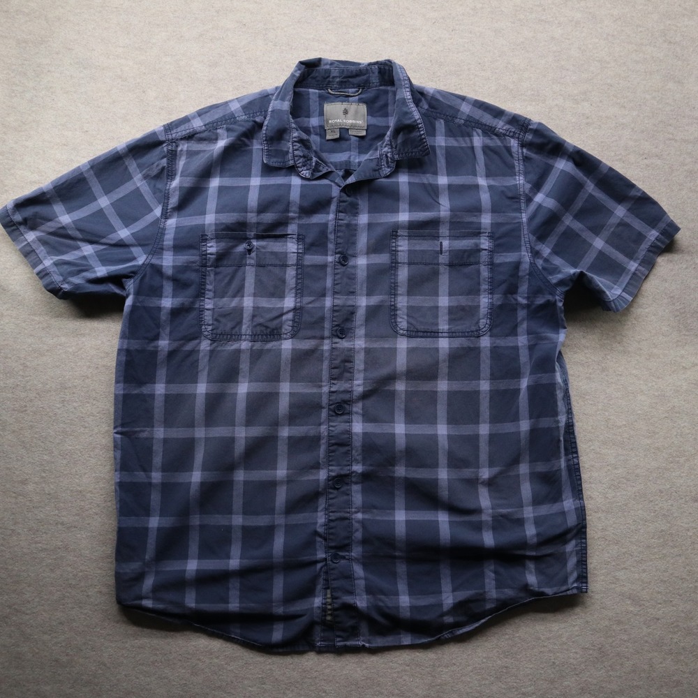 Royal Robbins Shirt XL Blue Plaid Y2K Short Sleeve Button Up Cotton Outdoor